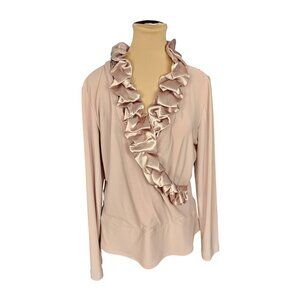 Joseph Ribkoff Light Pink Long Sleeve Satin Ruffle Faux Wrap Top Sz 14